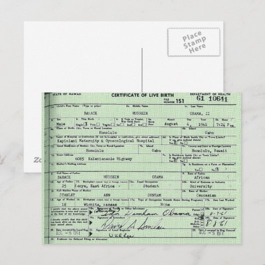 Briefkaart geboortecertificaat Obama (Voorkant / Achterkant)