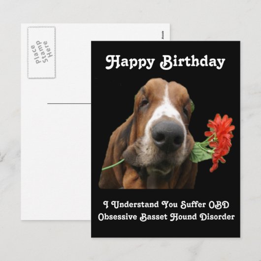 Briefkaart Gelukkige Verjaardag Basset Hound Met B (Voorkant / Achterkant)