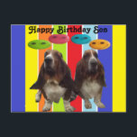 Briefkaart Gelukkige Verjaardag zoon Basset<br><div class="desc">Briefkaart Happy Birthday Son - 2 bassethonden op regenboogstrepen met smiley-gezichten</div>