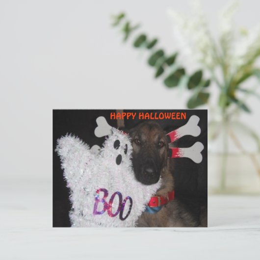 Briefkaart German Shepherd Halloween Boo (Staand voorkant)