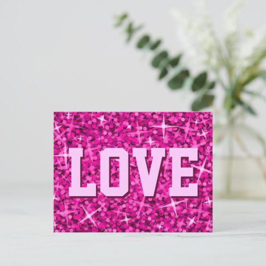 Briefkaart Glitz Pink "LOVE" (Staand voorkant)
