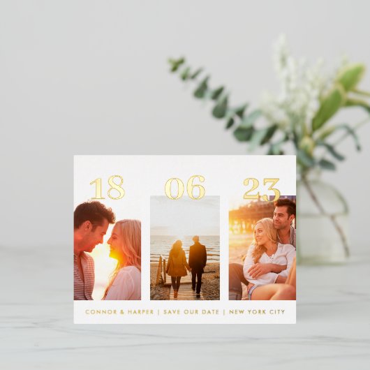 Briefkaart GOLD Drie QR-fotoCODE opslaan Datum (Staand Voorkant)