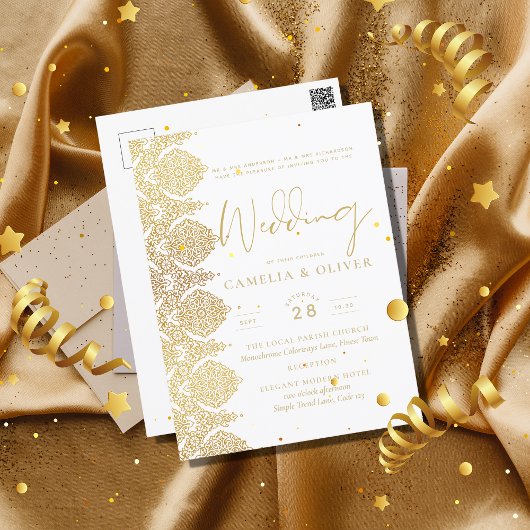 Briefkaart Gold White Lace Elegant Wedding Invite