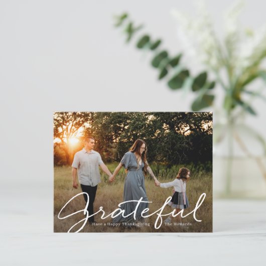Briefkaart Grateful Script Thanksgiving Photo Card (Staand voorkant)