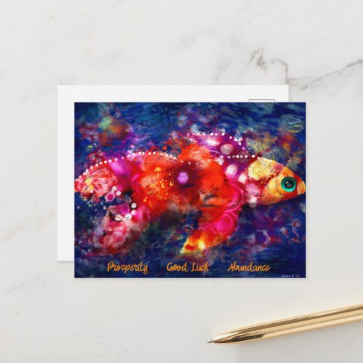 Briefkaart - grillige Abstracte goudvis symboliek (Voorkant / Achterkant in situ)