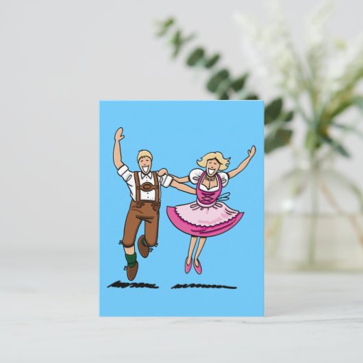 Briefkaart Happy Bavarian Couple Dancing (Staand voorkant)