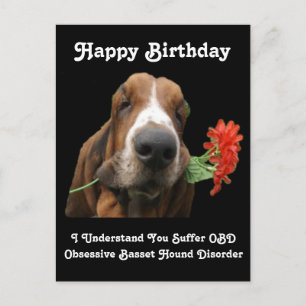 Briefkaart Happy Birthday Basset Hond met bloemen
