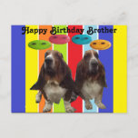 Briefkaart Happy Birthday Brother Basset<br><div class="desc">Briefkaart Happy Birthday Brother - 2 basset-hoounds op regenboogstrepen met smileygezichten</div>