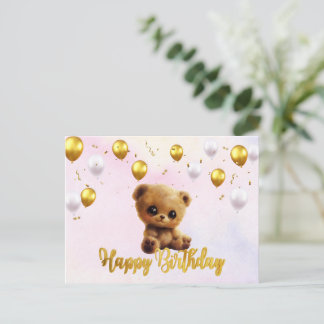Briefkaart Happy Birthday met een teddybeer.
