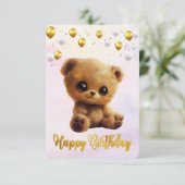 Briefkaart Happy Birthday met een teddybeer. (Staand voorkant)
