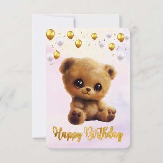 Briefkaart Happy Birthday met een teddybeer. (Voorkant)