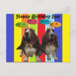 Briefkaart Happy Birthday son Basset<br><div class="desc">Briefkaart Happy Birthday Son - 2 basset hounds op regenboogstrepen met smileygezichten</div>