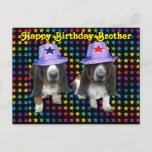 Briefkaart Happy Brother Birthday Basset<br><div class="desc">Briefkaart Happy Birthday Brother - 2 basset hounds op sterren met sterren petten</div>
