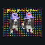 Briefkaart Happy Friend Birthday Basset Sta<br><div class="desc">Briefkaart Happy Birthday Friend - 2 basset hounds op sterren met sterren petten</div>