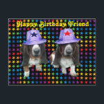 Briefkaart Happy Friend Birthday Basset Sta<br><div class="desc">Briefkaart Happy Birthday Friend - 2 basset hounds op sterren met sterren petten</div>