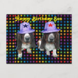 Briefkaart Happy Son Birthday Basset<br><div class="desc">Briefkaart Happy Birthday Son - 2 basset hounds op sterren met sterren</div>