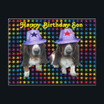 Briefkaart Happy Son Verjaardag Basset<br><div class="desc">Briefkaart Happy Birthday Son - 2 basset hounds op sterren met petten met sterren</div>