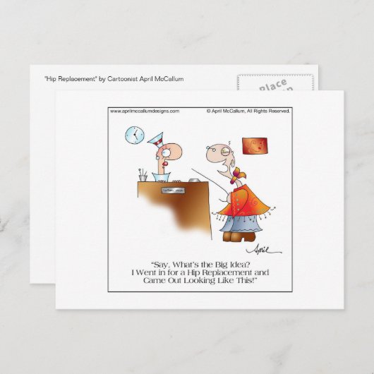 Briefkaart HIP REPLACEMENT Cartoon door April McCa (Voorkant / Achterkant)