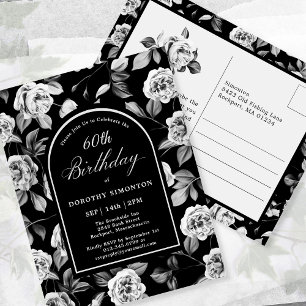 Briefkaart Invite Zwart Wit Bloemen 60ste Verjaard