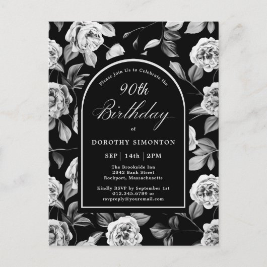 Briefkaart Invite Zwart Wit Bloemen 90ste Verjaard (Voorkant)