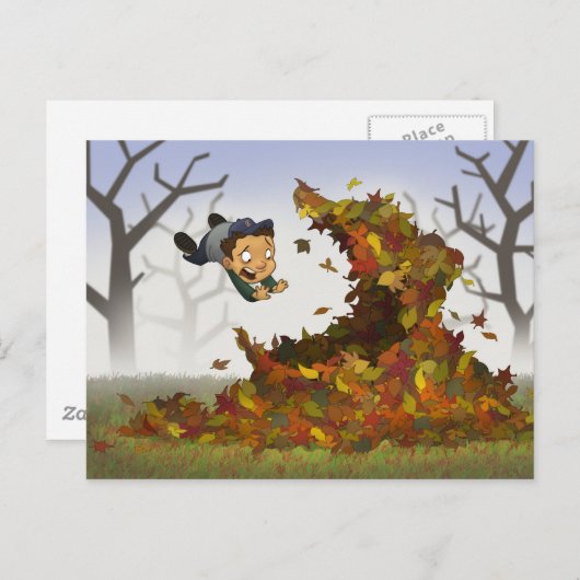 briefkaart "Jumping into Leaves" (Voorkant / Achterkant)