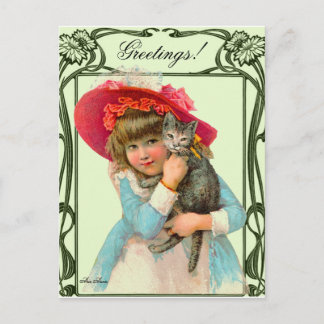 BRIEFKAART KIND W ROOD PET EN KAT DOOR ARA