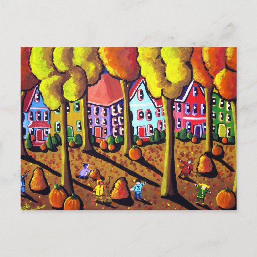 Briefkaart Kinder Raking Leaves (Voorkant)