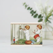 Briefkaart: Kleine tweeling "Wakker worden, het is Feestdagenkaart (Staand voorkant)