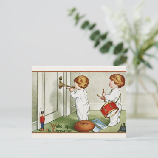 Briefkaart: Kleine tweeling "Wakker worden, het is Feestdagenkaart (Staand voorkant)