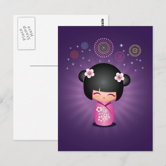Briefkaart Kokeshi Cutie Fireworks (Voorkant / Achterkant)