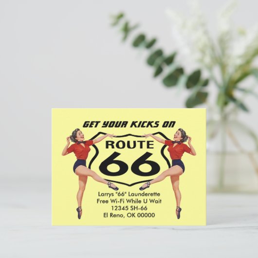 Briefkaart krijgt Uw Kikken op Route 66 Adverteren (Staand voorkant)
