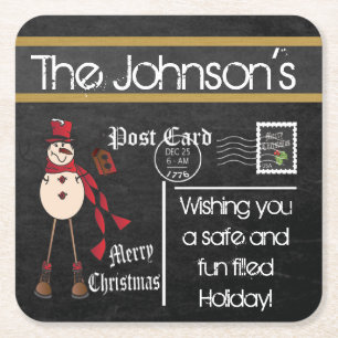 Briefkaart Krijtbord Vintage Kerst Sneeuwman -Rood Kartonnen Onderzetters