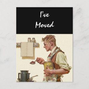 Briefkaart  Man maken koffie verplaatst Nieuw adre