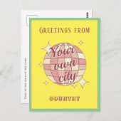 Briefkaart met aanpasbare plaatsnaam geel (Voorkant / Achterkant)