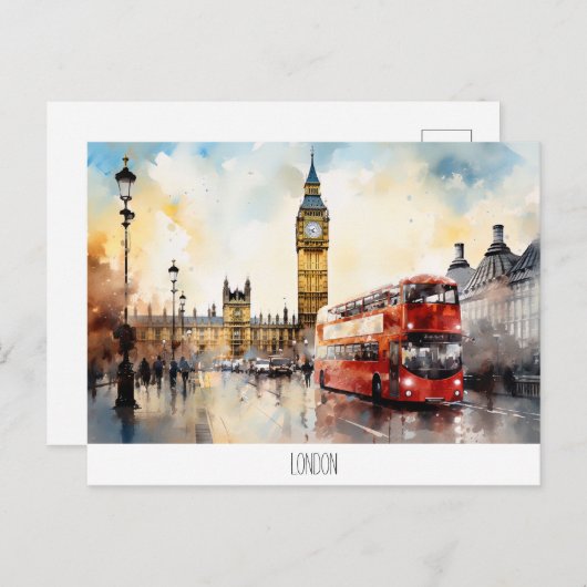 Briefkaart met Big Ben en rode bus in Londen (Voorkant / Achterkant)