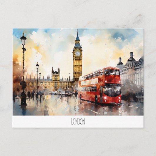 Briefkaart met Big Ben en rode bus in Londen (Voorkant)