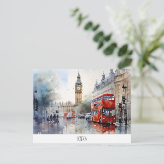 Briefkaart met Big Ben en rode bus in Londen (Staand voorkant)