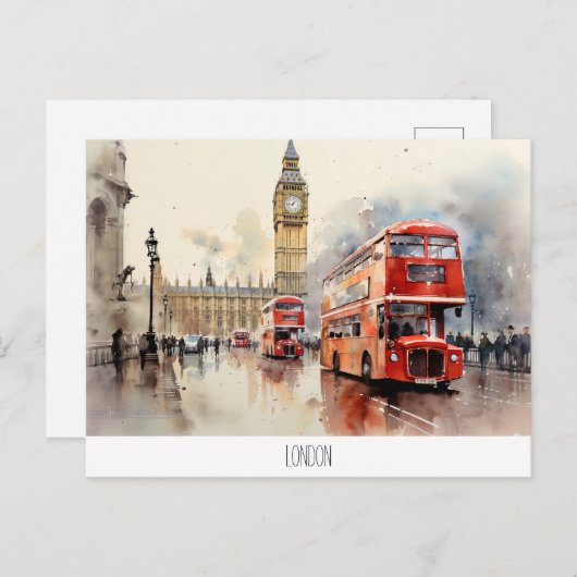 Briefkaart met Big Ben en rode bus in Londen (Voorkant / Achterkant)