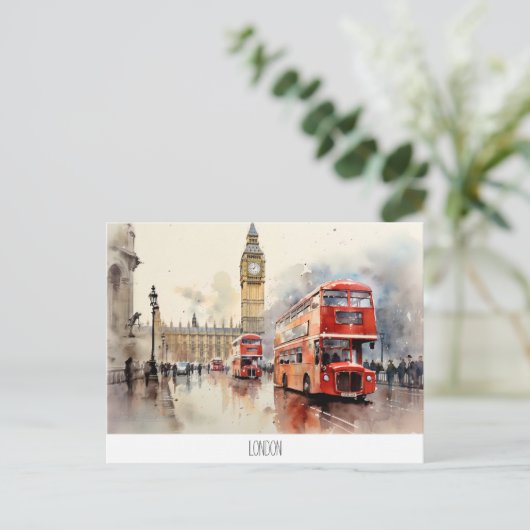 Briefkaart met Big Ben en rode bus in Londen (Staand voorkant)