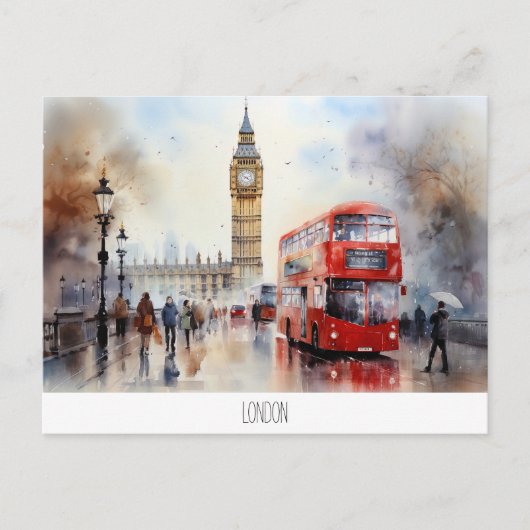 Briefkaart met Big Ben en rode bus in Londen (Voorkant)