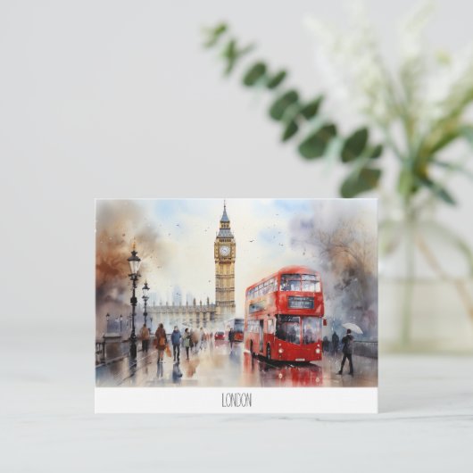 Briefkaart met Big Ben en rode bus in Londen (Staand voorkant)