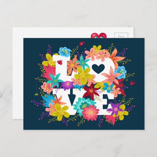 Briefkaart met bloemen en lieveheersbeestjes (Voorkant / Achterkant)