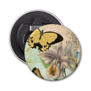Briefkaart met Butterflies en Flowers Button Flesopener