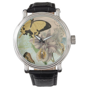 Briefkaart met Butterflies en Flowers Horloge