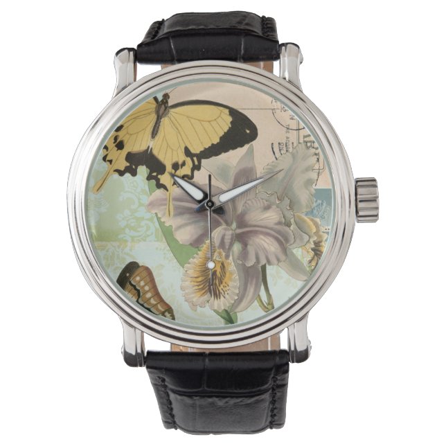  Briefkaart met Butterflies en Flowers Horloge (Voorkant)