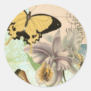  Briefkaart met Butterflies en Flowers Ronde Sticker