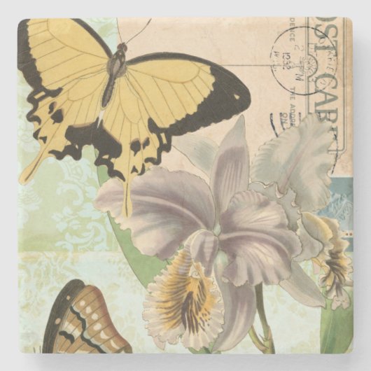  Briefkaart met Butterflies en Flowers Stenen Onderzetter (Voorkant)