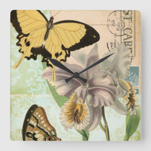 Briefkaart met Butterflies en Flowers Vierkante Klok