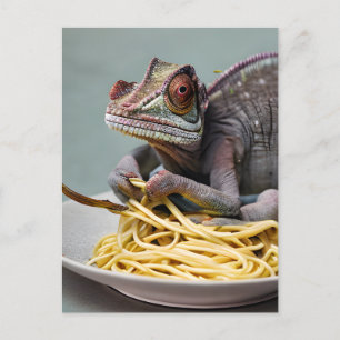 Briefkaart met chameleon Eating Spaghetti