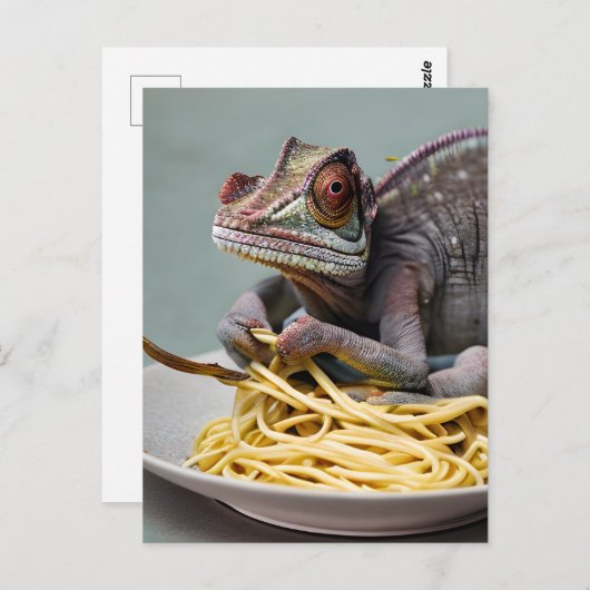 Briefkaart met chameleon Eating Spaghetti (Voorkant / Achterkant)